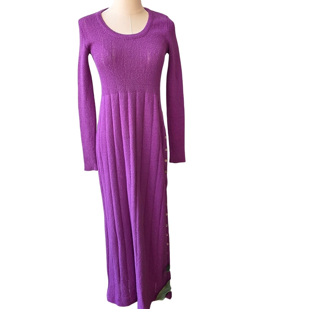 VTG 70s 60s Youth Guild Sweater Knit Maxi Dress Purple‎ Side Button Women 7 M